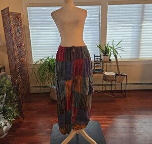 100% Cotton Vibrant Colorful Patchwork Hippie Boho Cargo Jogger Pants Medium